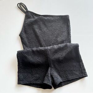 Zara Black One Shoulder Rib Knit Lace Sleeveless Playsuit Romper Size S